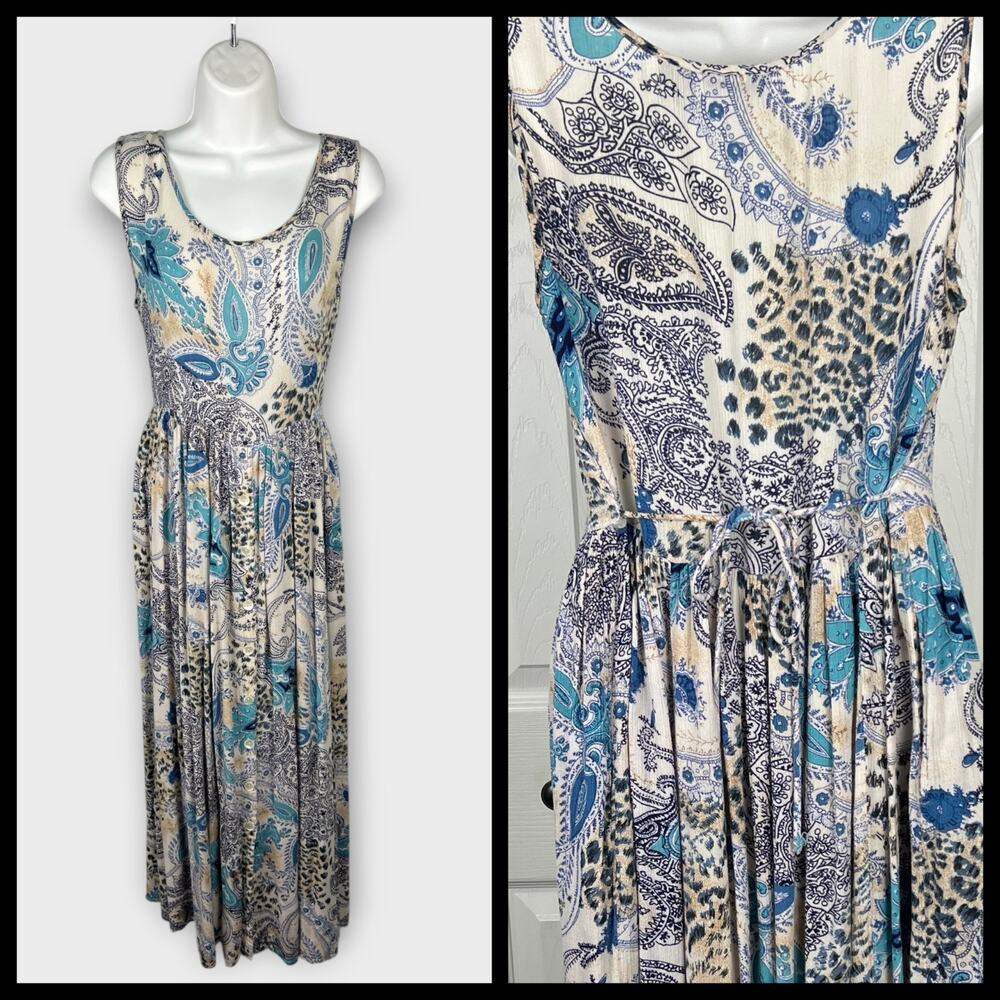 Bila Womens‎ Vintage White Maxi Dress Crickle Paisley Animal Print Boho Small